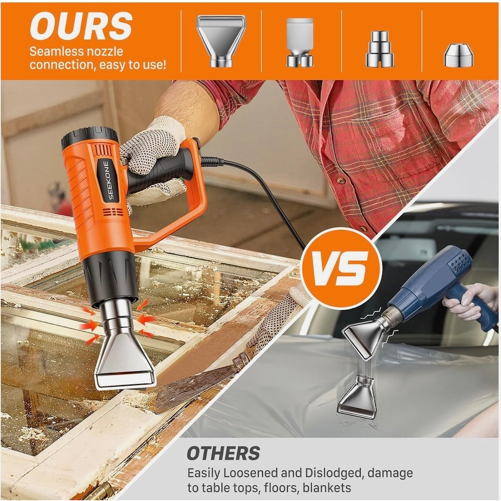 Showing different nozzle attachments, and how easy they are to connect.