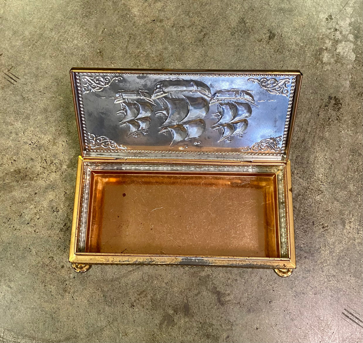 Vintage Embossed Footed Brass Casket Tin