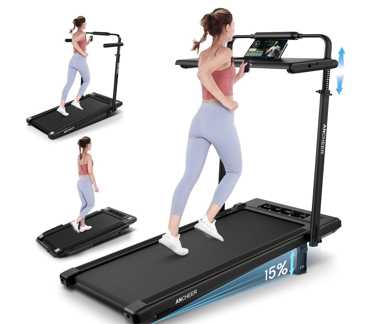 ANCHEER Under Desk Walking Pad Treadmill w/ Workstation Foldable 350lb Max Incline