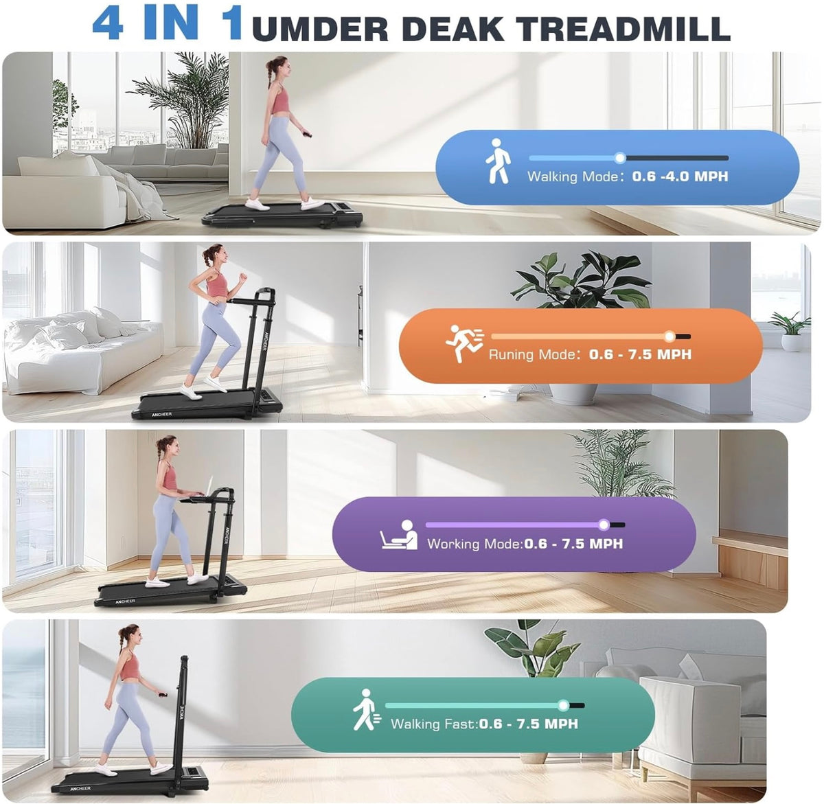 ANCHEER Under Desk Walking Pad Treadmill w/ Workstation Foldable 350lb Max Incline