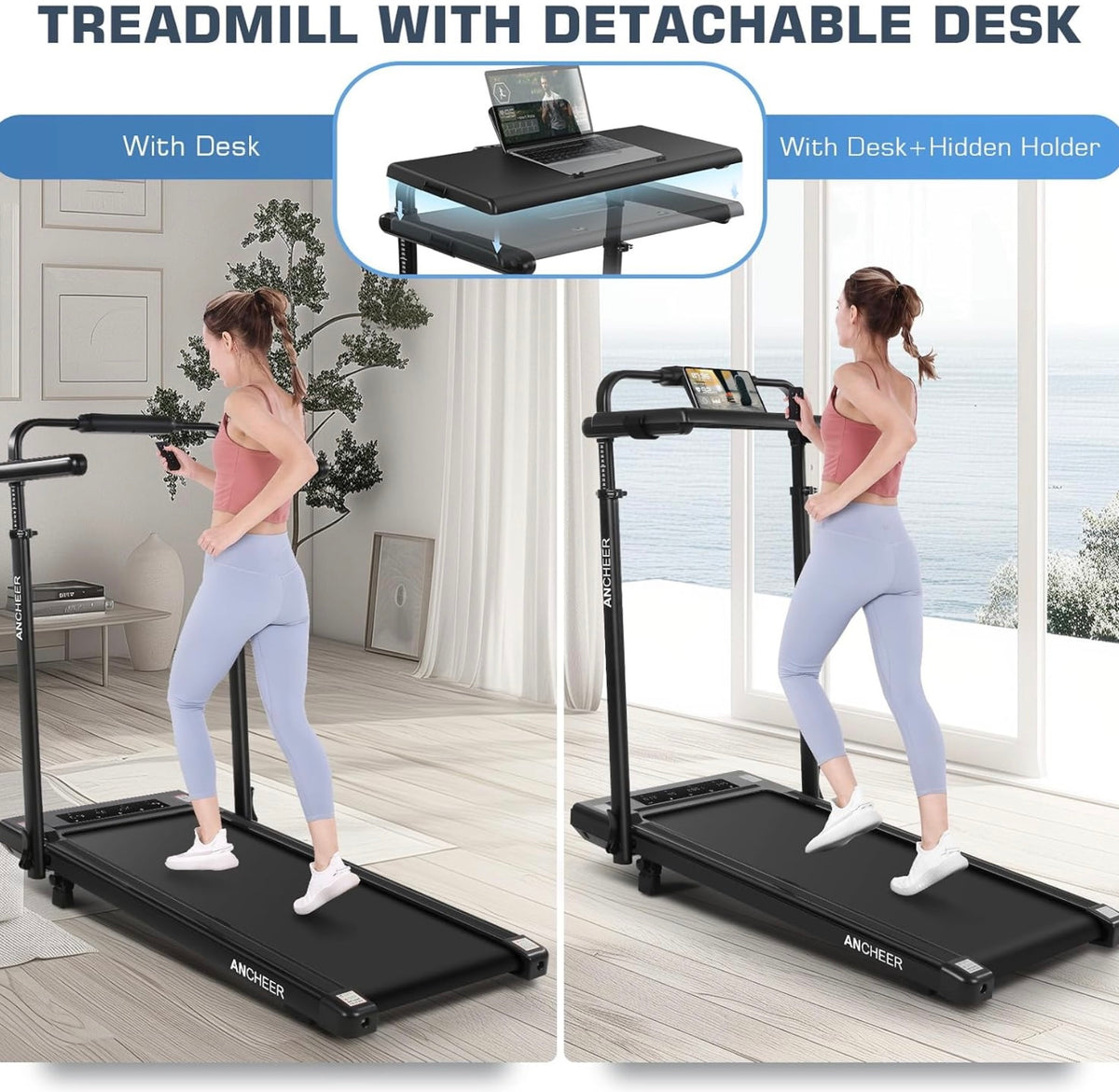 ANCHEER Under Desk Walking Pad Treadmill w/ Workstation Foldable 350lb Max Incline
