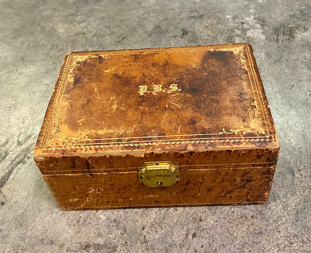 Antique Gold-Tooled Leather Monogrammed Jewelry Box & Nesting Trinket Box Set