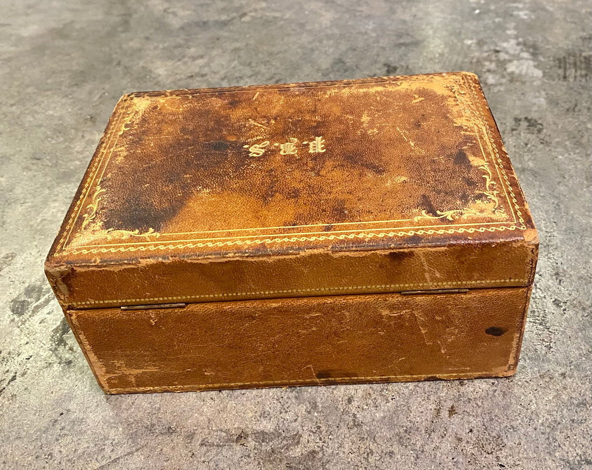 Antique Gold-Tooled Leather Monogrammed Jewelry Box & Nesting Trinket Box Set