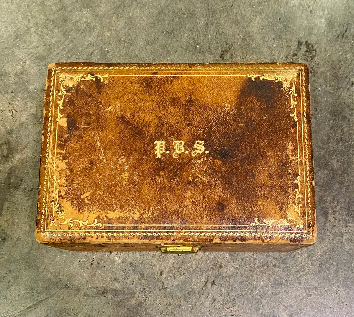 Antique Gold-Tooled Leather Monogrammed Jewelry Box & Nesting Trinket Box Set