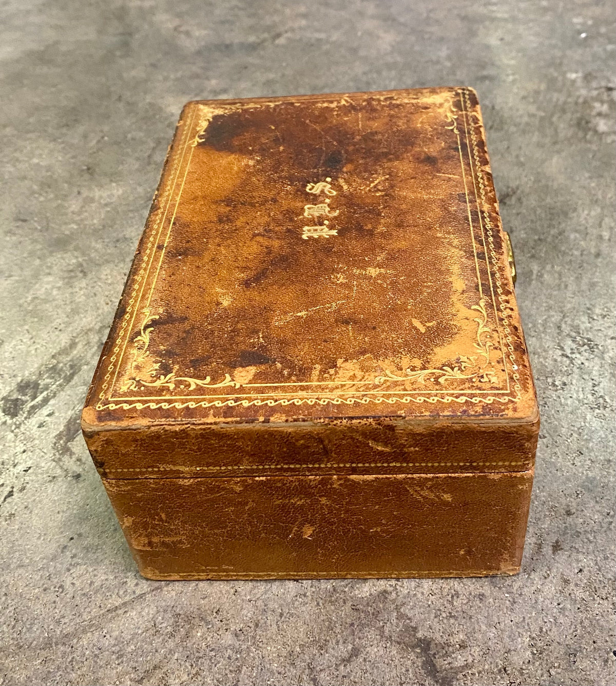 Antique Gold-Tooled Leather Monogrammed Jewelry Box & Nesting Trinket Box Set