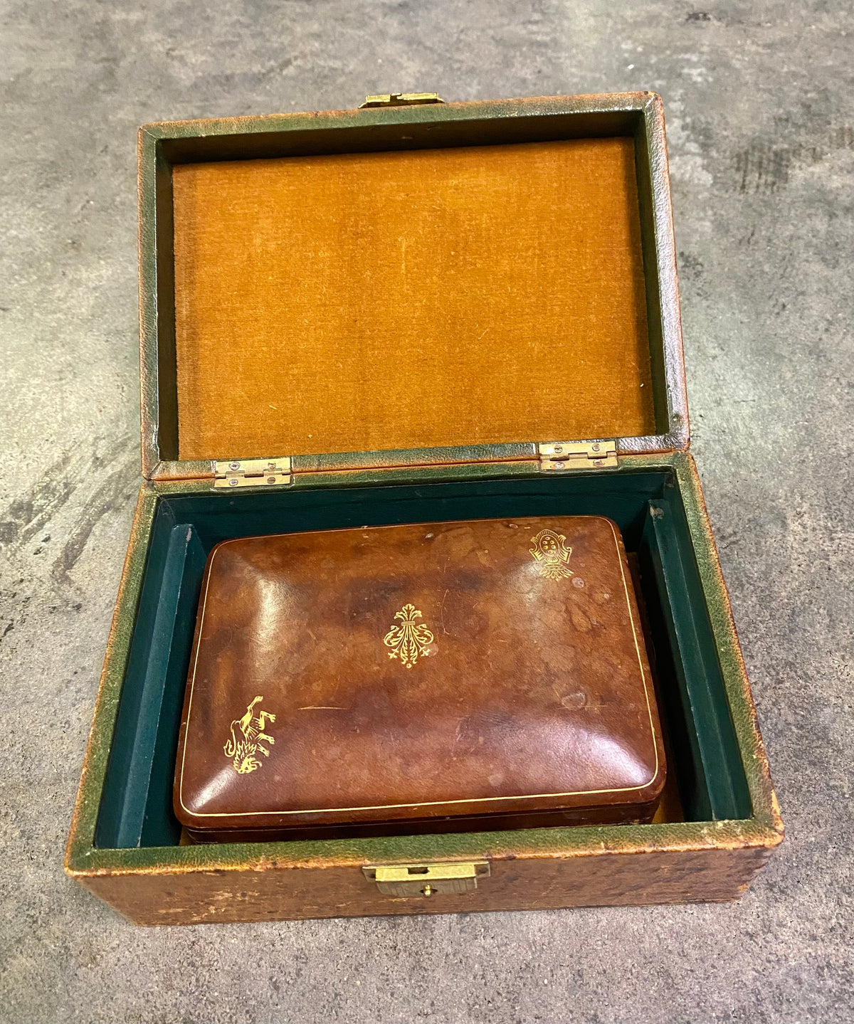 Antique Gold-Tooled Leather Monogrammed Jewelry Box & Nesting Trinket Box Set