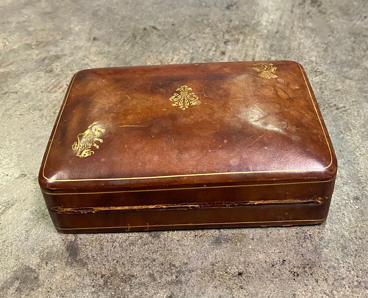 Antique Gold-Tooled Leather Monogrammed Jewelry Box & Nesting Trinket Box Set