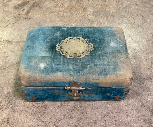 Antique Victorian Plush Blue Velvet Vanity Jewelry Box Tufted Satin Manicure Casket