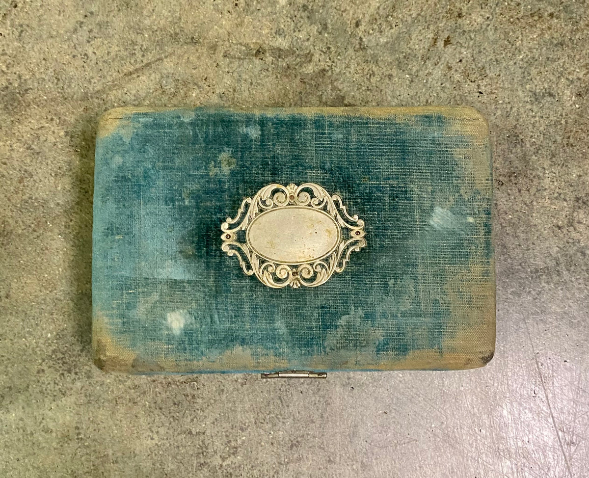 Antique Victorian Plush Blue Velvet Vanity Jewelry Box Tufted Satin Manicure Casket