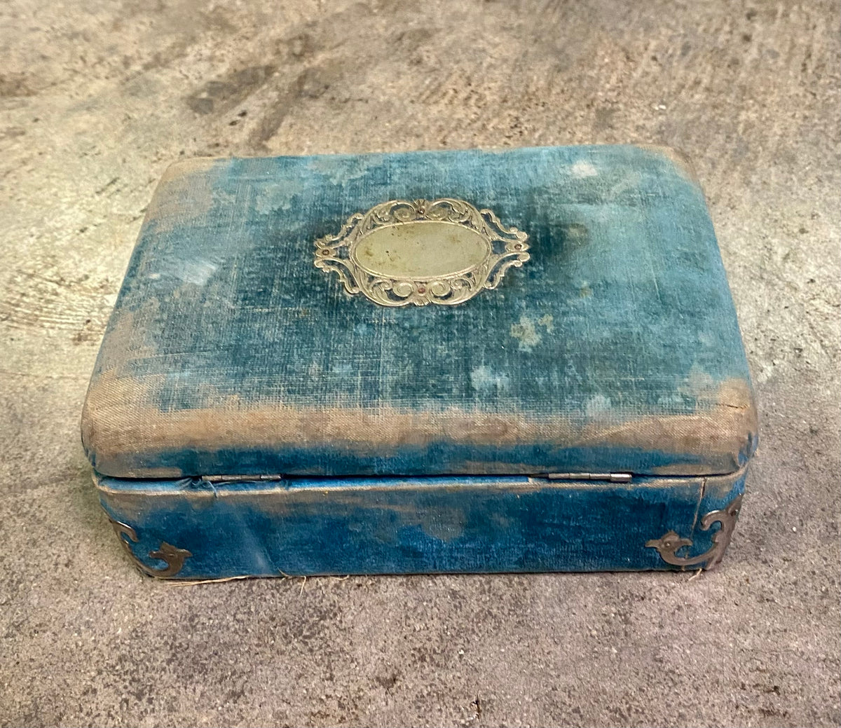 Antique Victorian Plush Blue Velvet Vanity Jewelry Box Tufted Satin Manicure Casket