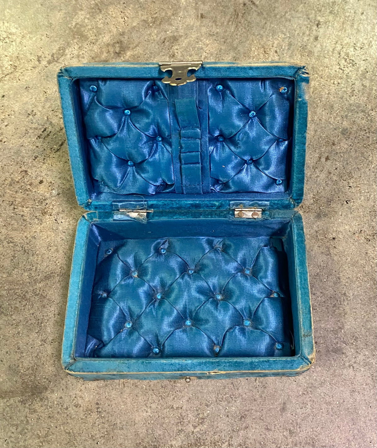 Antique Victorian Plush Blue Velvet Vanity Jewelry Box Tufted Satin Manicure Casket