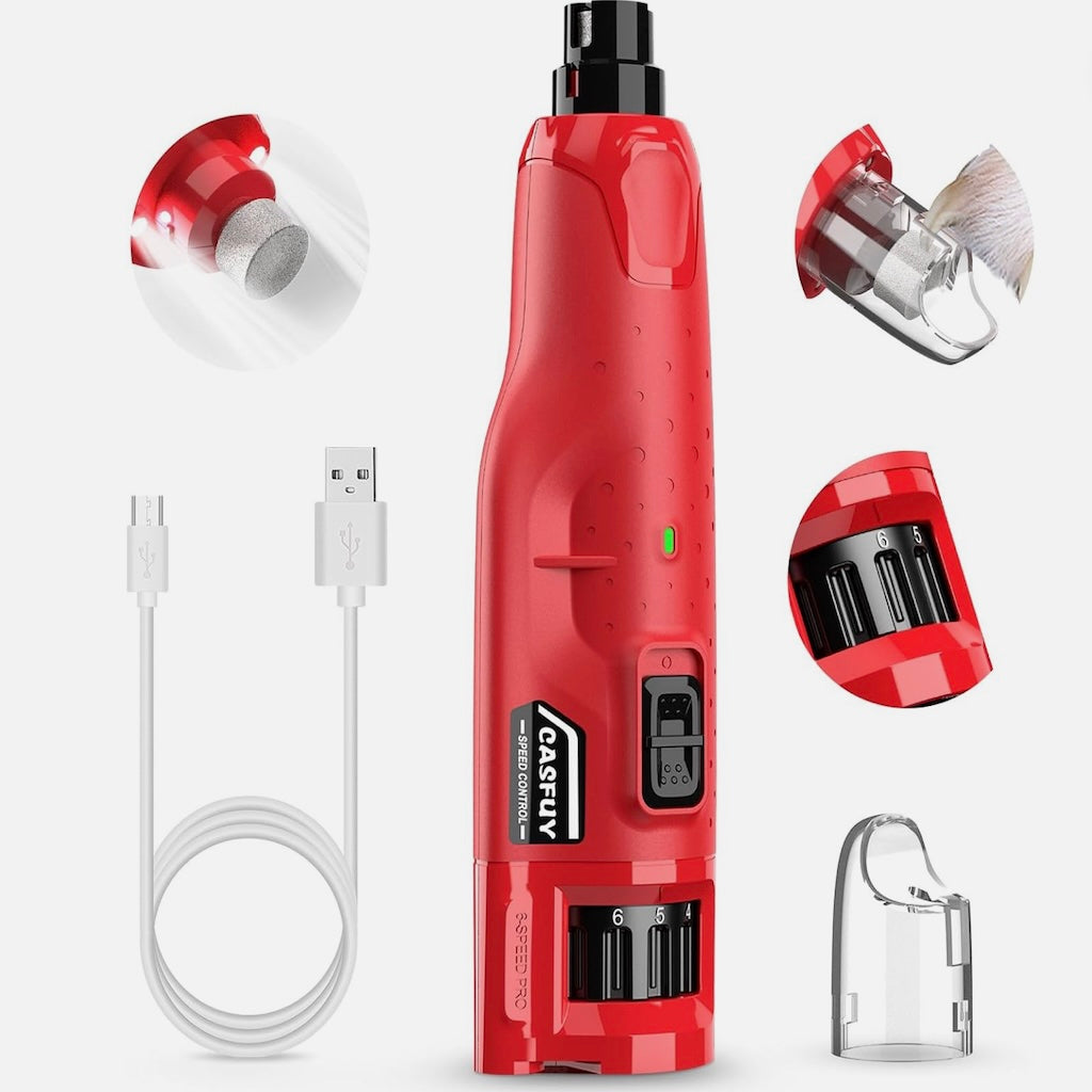 Red pet nail grinder, showing the pieces it comes with.