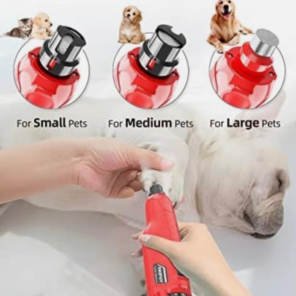 Red pet nail grinder, showing how to use on different size pets.