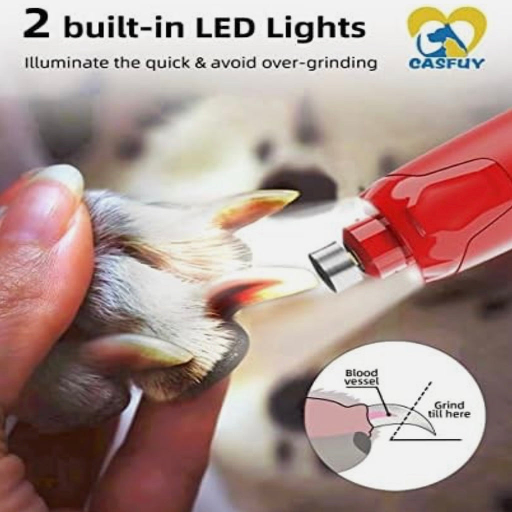 Pet nail grinder with LED lights being used on a dog's paw, featuring the brand 'CASFUY'.
