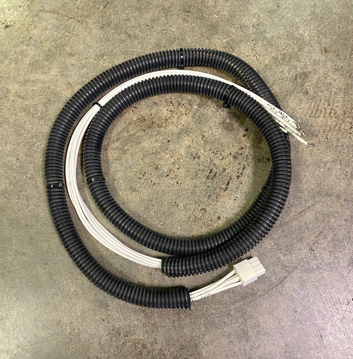 A coiled black corrugated protective cable sheath with white internal wires and white connector ends, photographed on a gray concrete floor.
