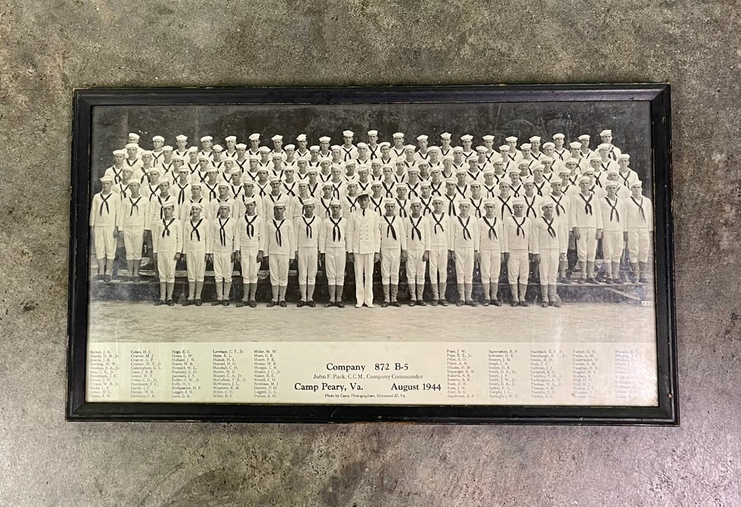 Framed Vintage WWII US Navy Company 872 Photo Camp Peary VA August 1944 Roster