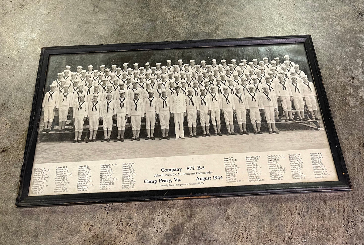 Framed Vintage WWII US Navy Company 872 Photo Camp Peary VA August 1944 Roster
