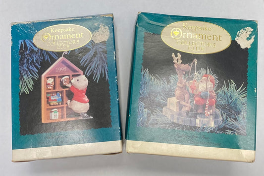 Lot of 2 Hallmark Keepsake Ornaments 1995 Collector's Club: Grandpa's Gift & Fishing for Fun (With Boxes)