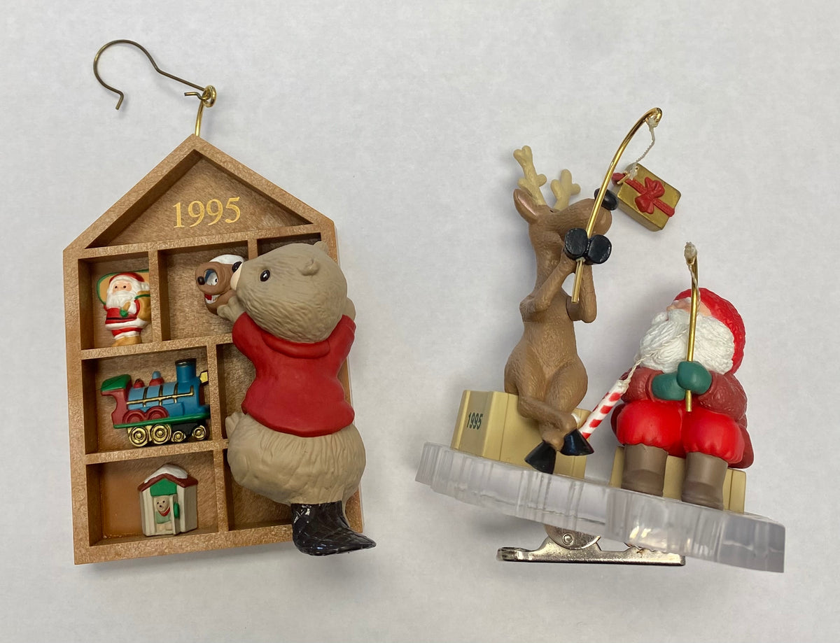 Lot of 2 Hallmark Keepsake Ornaments 1995 Collector's Club: Grandpa's Gift & Fishing for Fun (With Boxes)