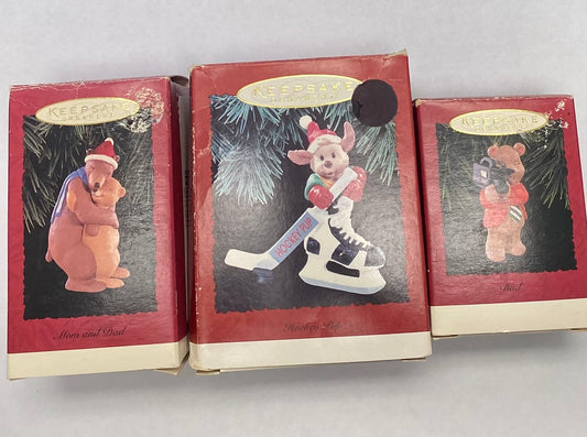 Lot of 3 Vintage Hallmark Keepsake Ornaments (1995-1996) w/ Boxes: Hockey Pup, Mom and Dad Bears, & Dad Bear with Camcorder