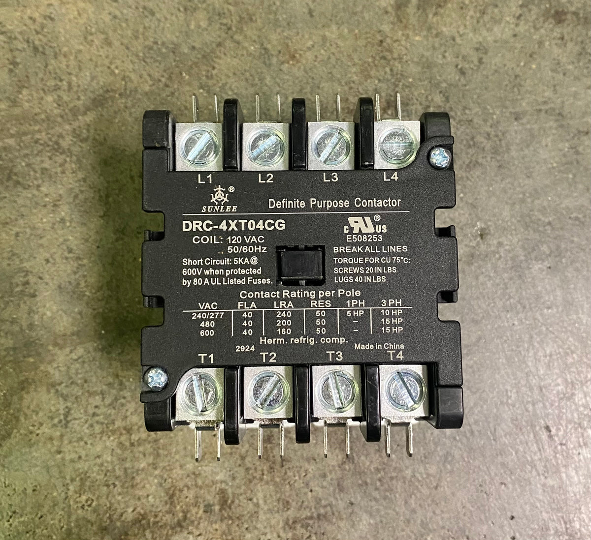 Sunlee DRC-4XT04CG Definite Purpose Contactor 4 Pole 40A FLA 120V Coil