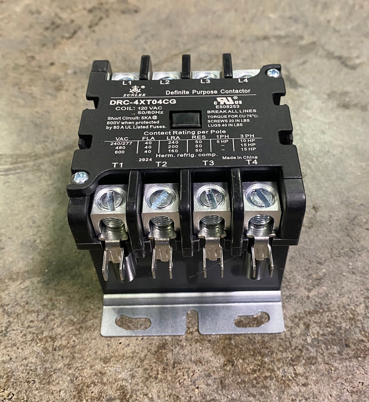 Sunlee DRC-4XT04CG Definite Purpose Contactor 4 Pole 40A FLA 120V Coil