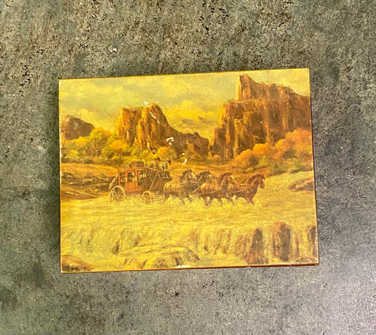 Vintage Cedar Wood Stagecoach Western Trinket Box Carolina Beach NC Souvenir