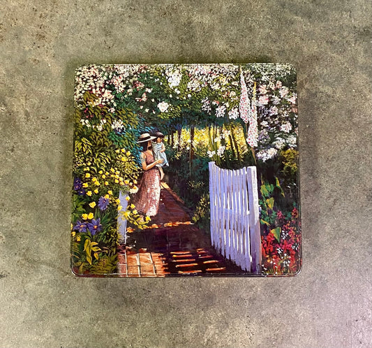 Vintage Delacre Metal Cookie Tin Mother Child Garden White Gate Biscuit Box Retro