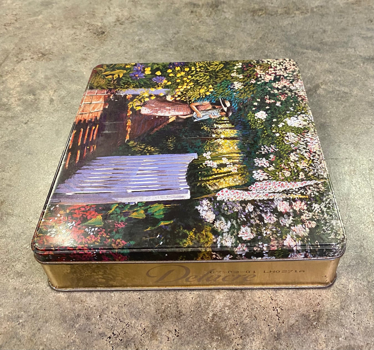Vintage Delacre Metal Cookie Tin Mother Child Garden White Gate Biscuit Box Retro