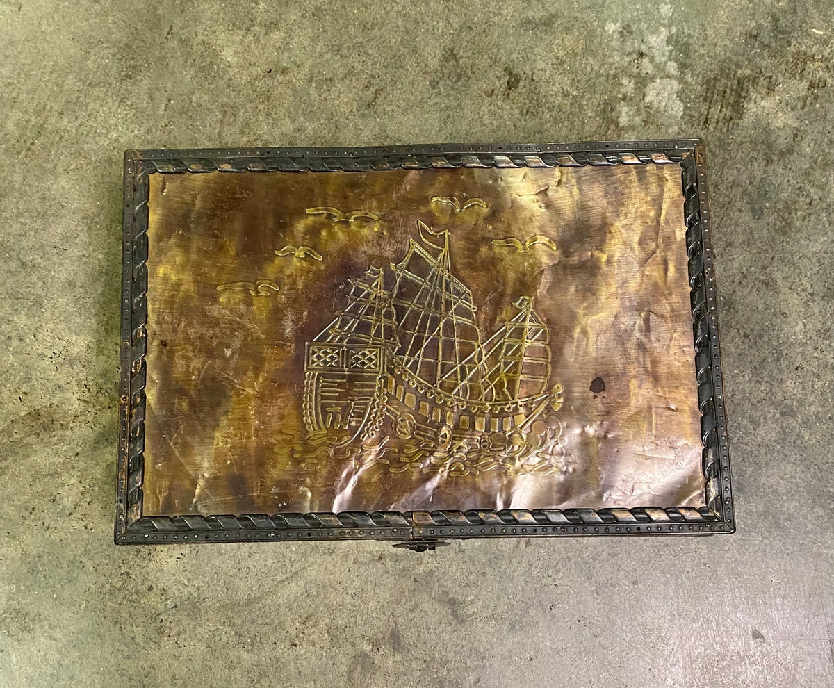 Vintage Embossed Brass Wood Treasure Chest Trinket Box Galleon Ship Red Velvet