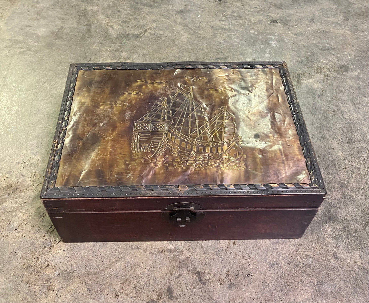 Vintage Embossed Brass Wood Treasure Chest Trinket Box Galleon Ship Red Velvet
