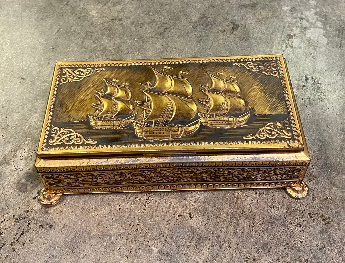 Vintage Embossed Footed Brass Casket Tin