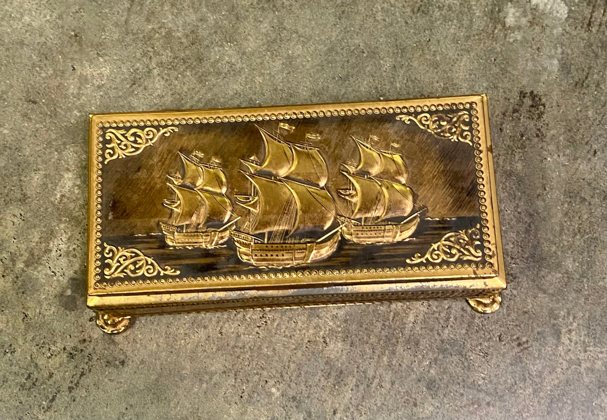 Vintage Embossed Footed Brass Casket Tin
