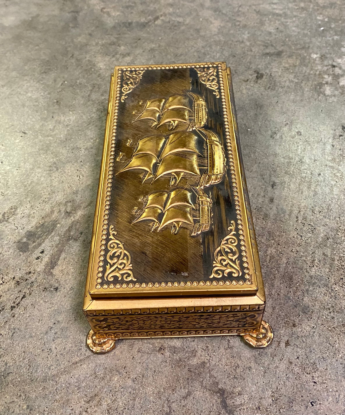 Vintage Embossed Footed Brass Casket Tin