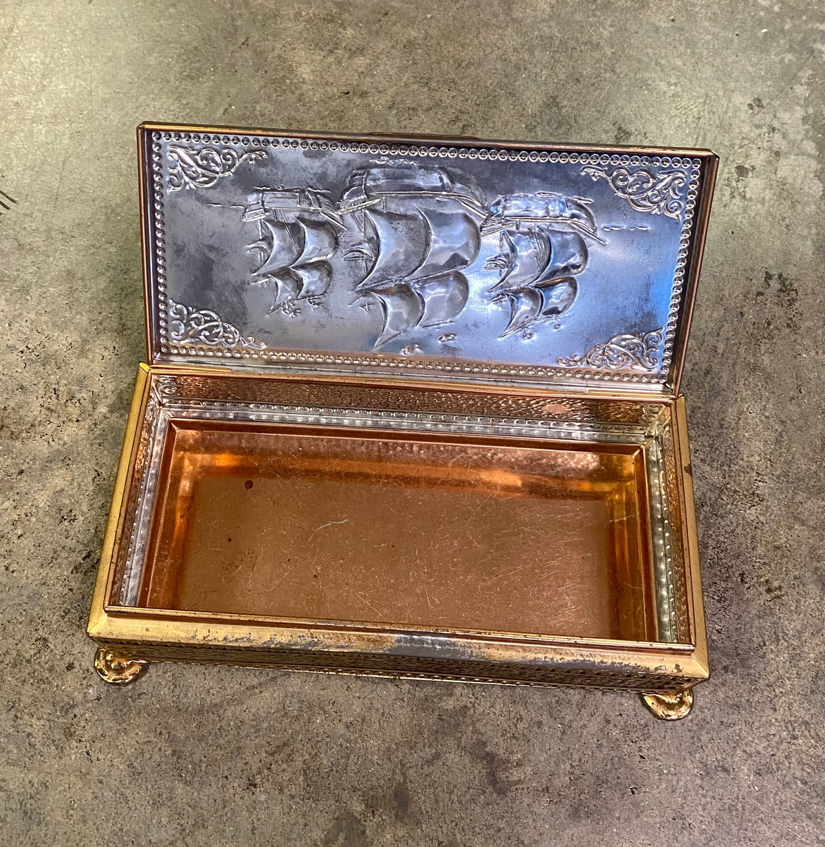 Vintage Embossed Footed Brass Casket Tin