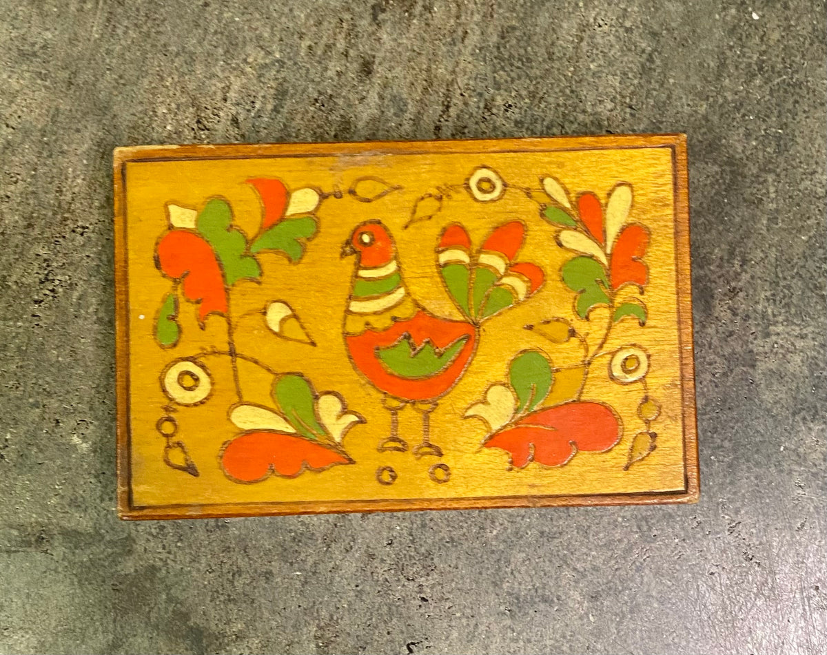 Vintage Folk Art Hand Painted Wooden Trinket Jewelry Box Rooster Bird