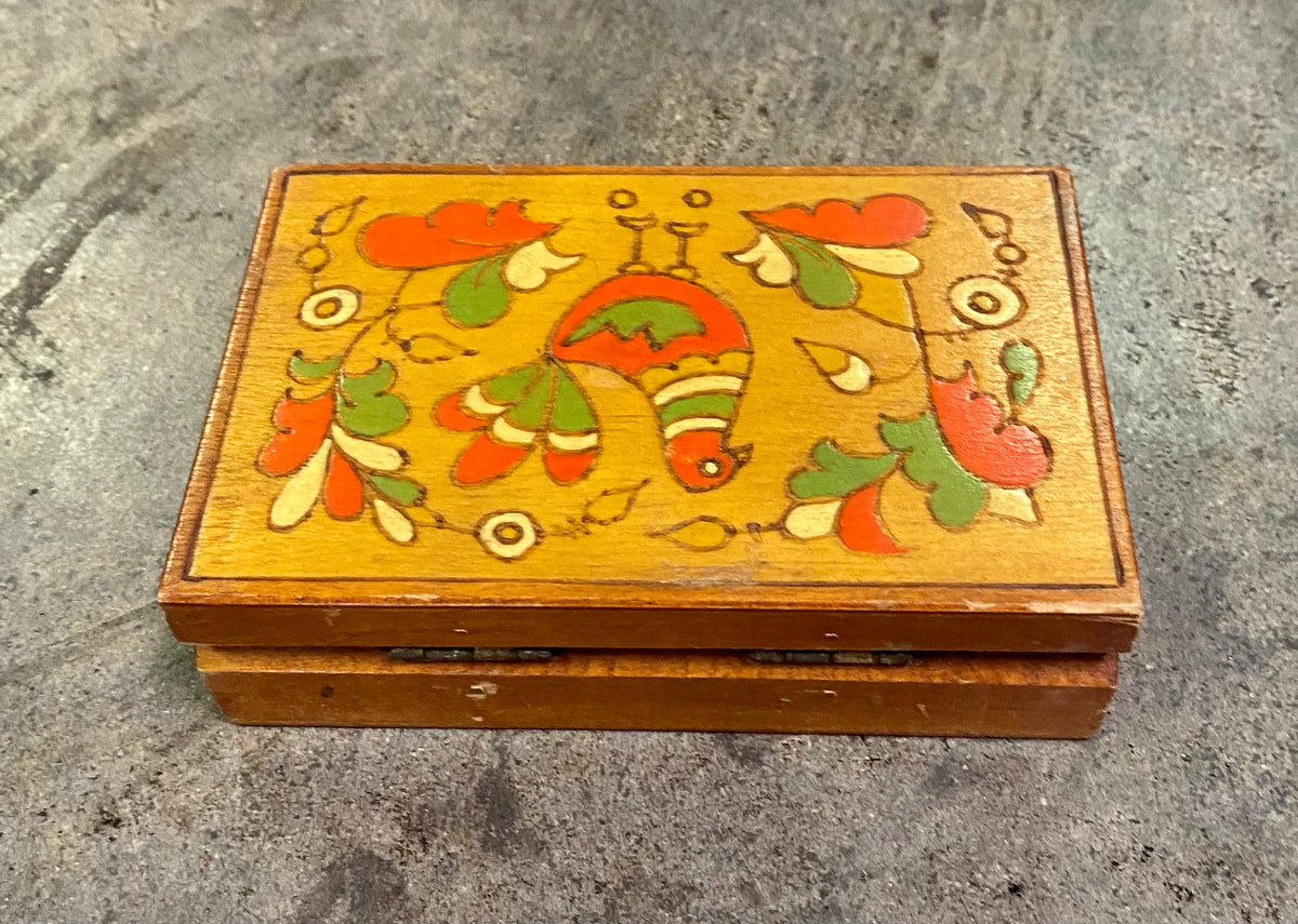Vintage Folk Art Hand Painted Wooden Trinket Jewelry Box Rooster Bird