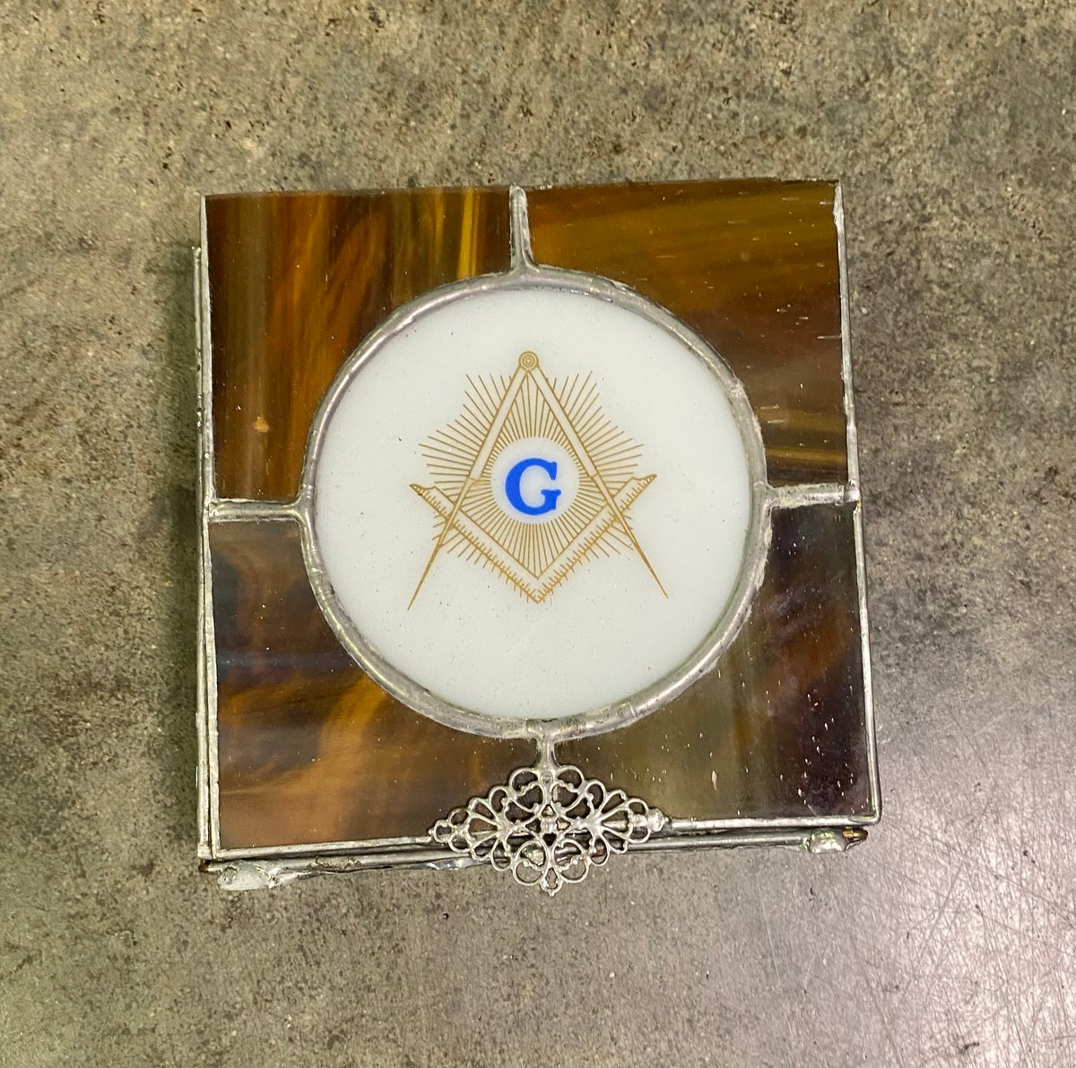 Vintage Masonic Caramel Slag Stained Glass Hinged Trinket Jewelry Box Freemason Symbol