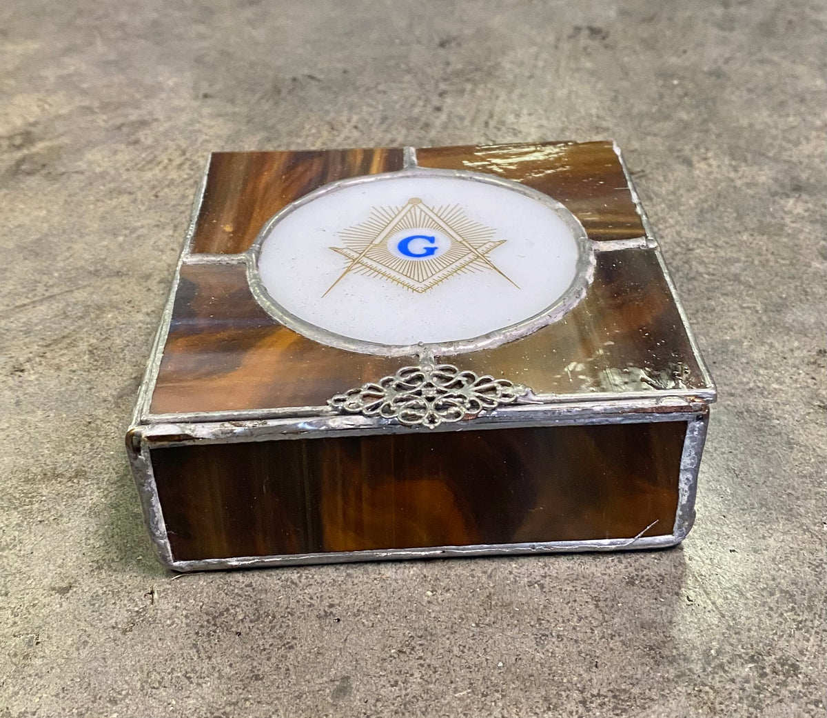 Vintage Masonic Caramel Slag Stained Glass Hinged Trinket Jewelry Box Freemason Symbol