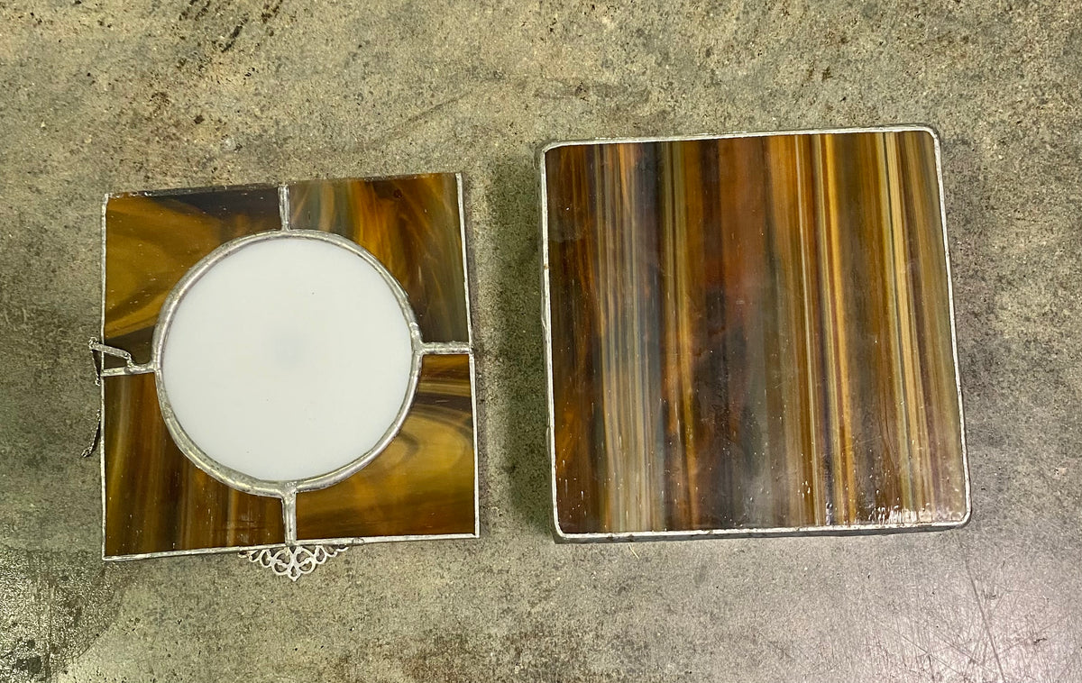 Vintage Masonic Caramel Slag Stained Glass Hinged Trinket Jewelry Box Freemason Symbol
