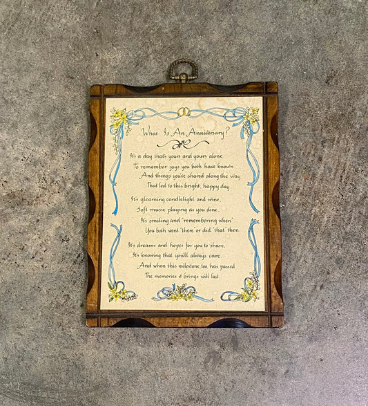 Vintage "What Is An Anniversary" Wooden Poem Plaque Wall Hanging 243, 10"x7"